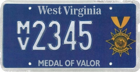 A dark blue West Virginia specialty license plate labeled 'MEDAL OF VALOR' along the bottom, featuring a Medal of Valor graphic on the right and registration number MV 2345.
