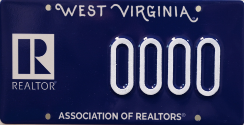 Dark blue West Virginia license plate featuring the official Realtor logo, four white zeros ('0000'), and the text 'Association of Realtors' along the bottom.