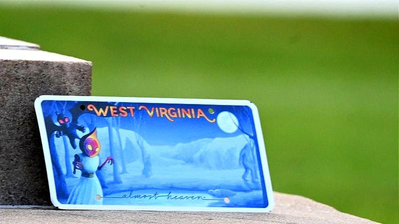 An image of the license plate featuring mothman, the flatwoods monster, bigfoot, and other West Virginia cryptids. The plate is leaning up against a stone.